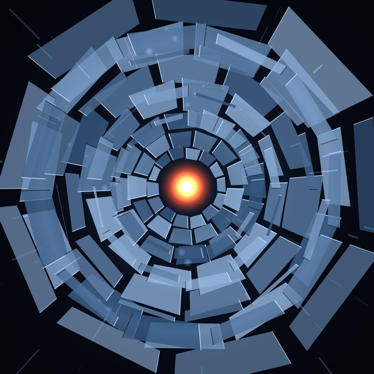 Experiment 10 Stage 1 — a shell of steel armour plates spirals inward around a waking ember core