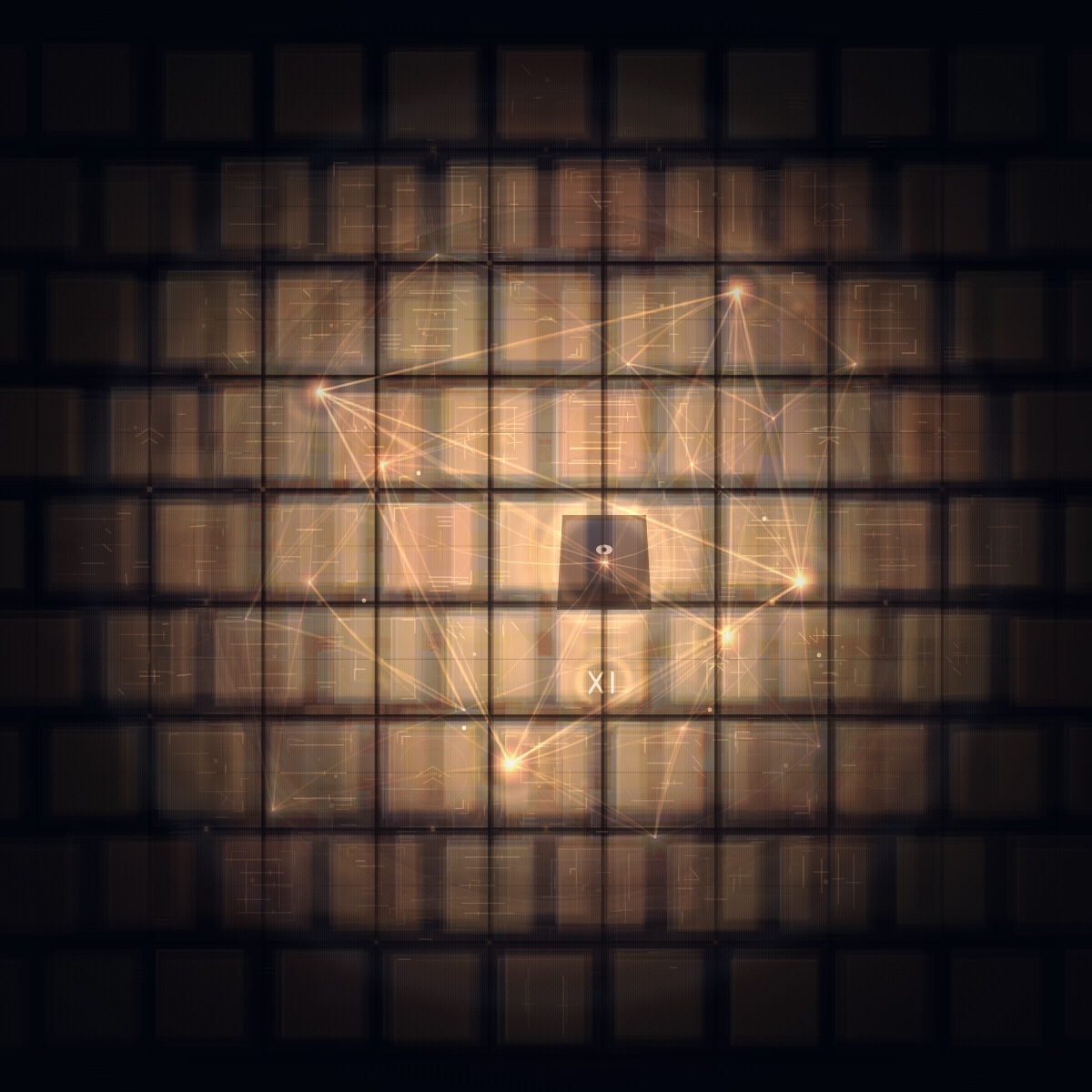 Stage 3 — Record: the crystallized living archive, a witness-cell looking out, the flame's signature
